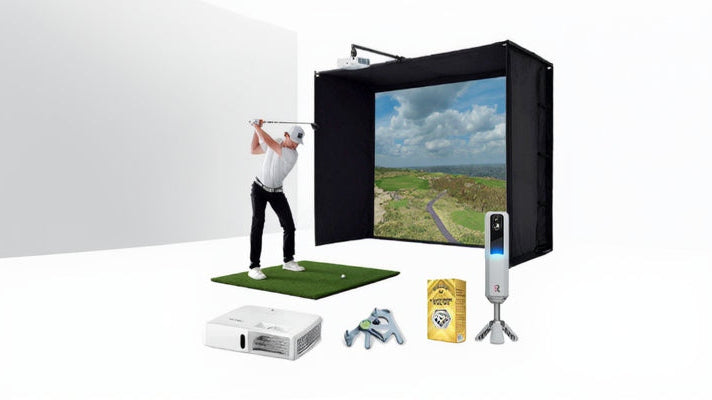 Rapsodo MLM2PRO with  ESSENTIALS Package | Golf Simulator Studio with Impact Screen, Enclosure, Hitting Mat, Projector & Alignment Stand